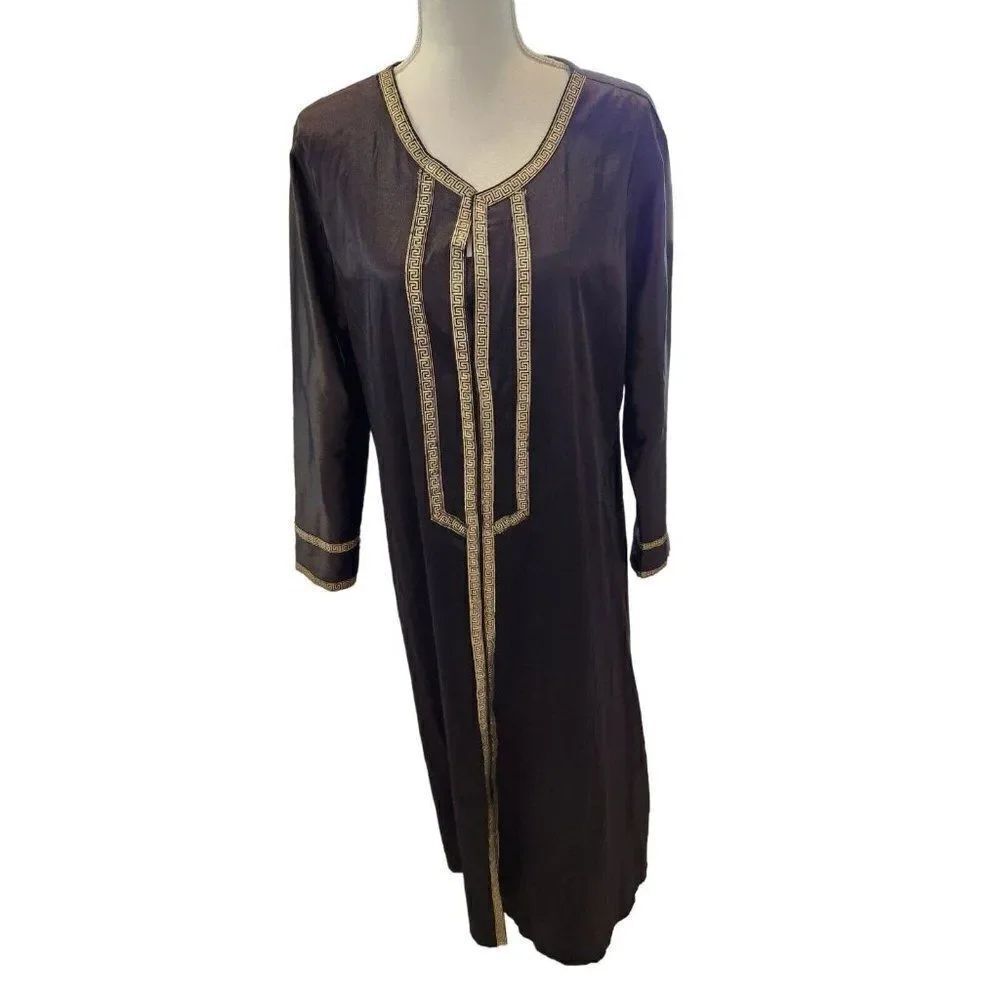 Elegant Sharah Jalabiya Black Gold Greek Key Trim Snap Satin Abaya Party Dress M